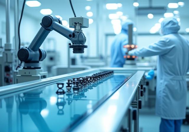 A cleanroom environment showing automated lens manufacturing equipment.